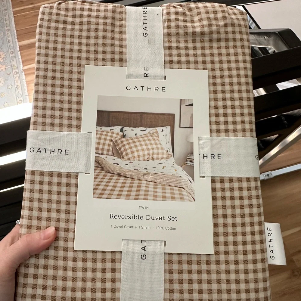Gathre 100% Cotton Duvet Set in Tan Gingham Reversible